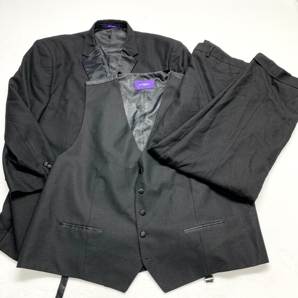 Statement Confidence 3 Pc Suit Mens 52R Black Textured VirginWool Formal Wedding